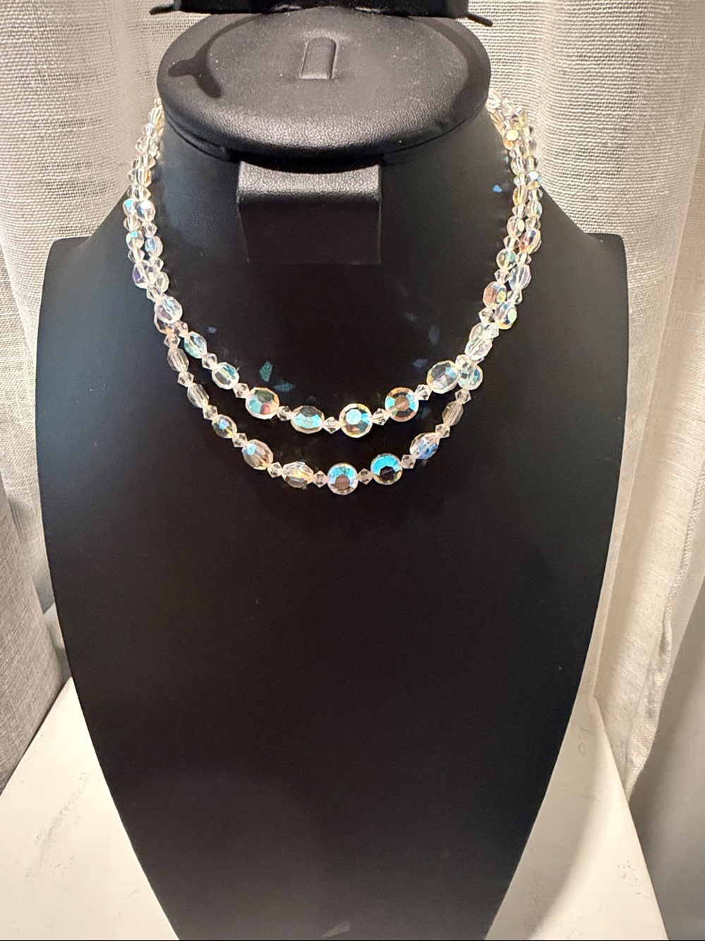 Vintage Aurora Borealis Crystal Double Strand Beaded Necklace 16”
